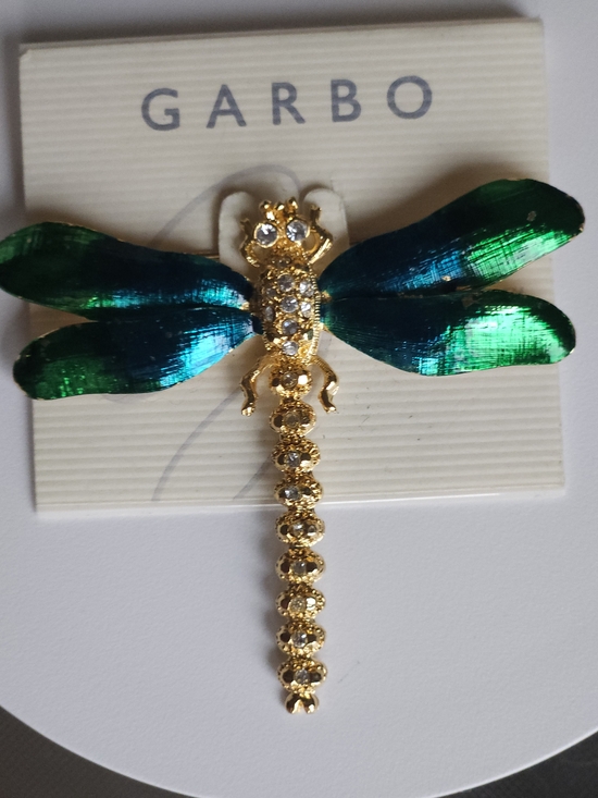 Jewelry - Garbo Gold Dragonfly Brooch with Iridescent Green-Blue Wings
